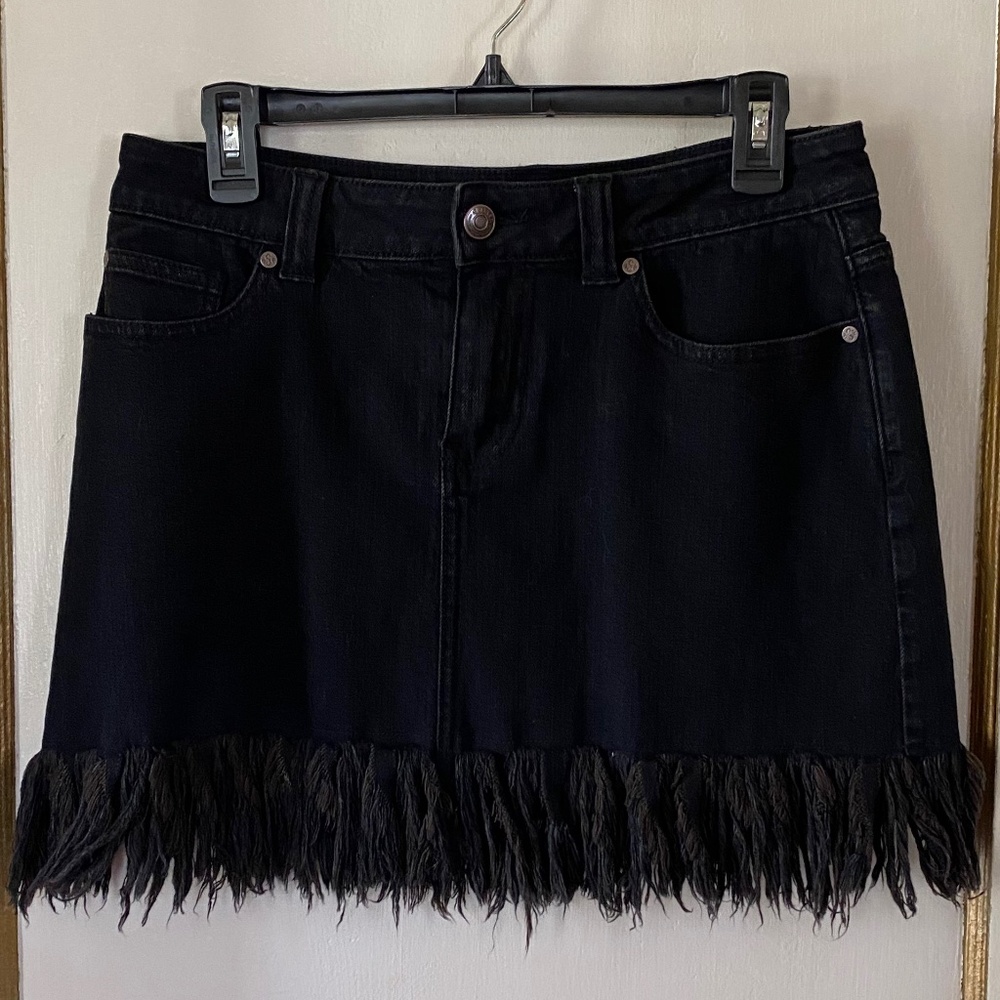 Black Denim Mini Skirt with Fringe Hem